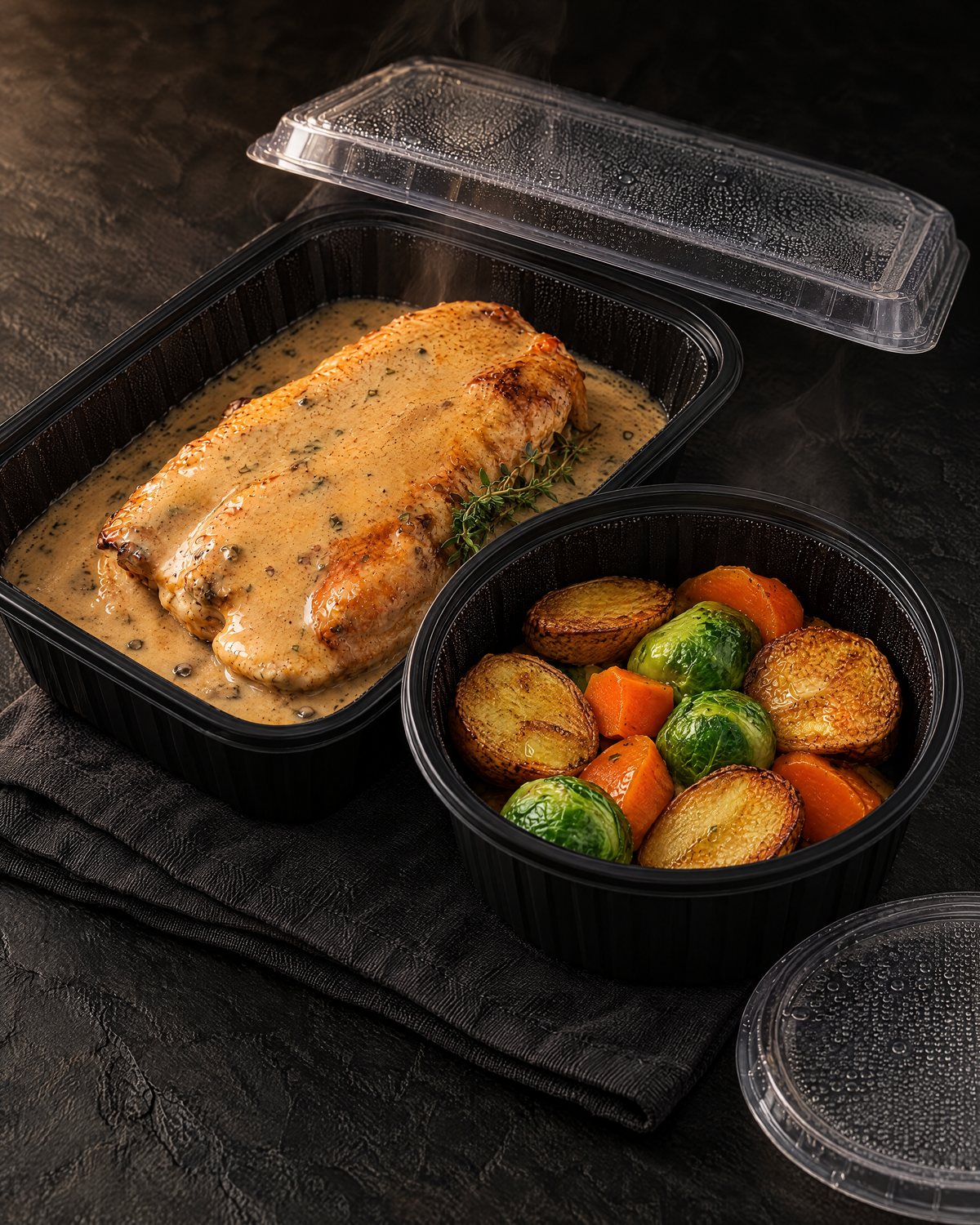 Chicken in a brandy, mushroom and tarragon cream sauce in a takeaway container, with sautéed potatoes, carrots and sprouts in a separate tub