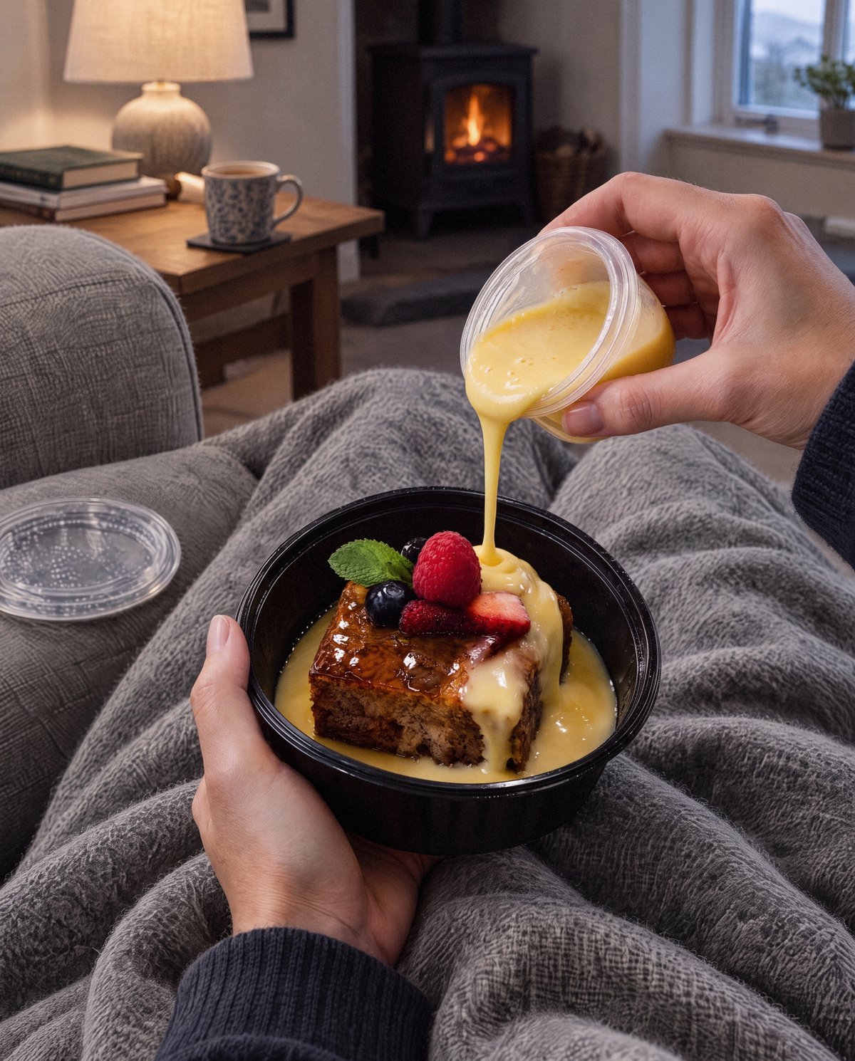 Custard being poured over a sticky toffee pudding in a takeaway tub, on a lap under a grey throw by the wood burner at home