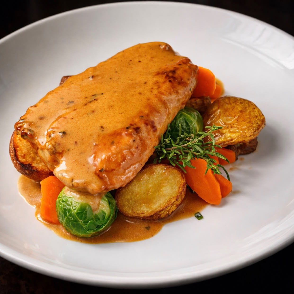 Chicken in a creamy sauce with sautéed potatoes